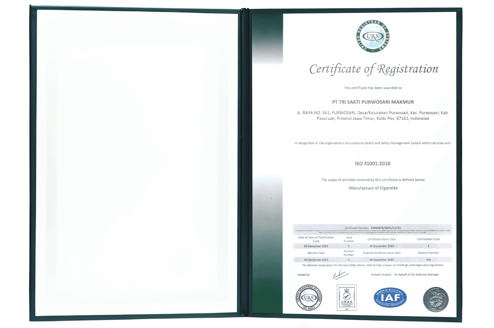 사진은 KT&G 인도네시아 공장의 ‘ISO 45001’ 인증서.